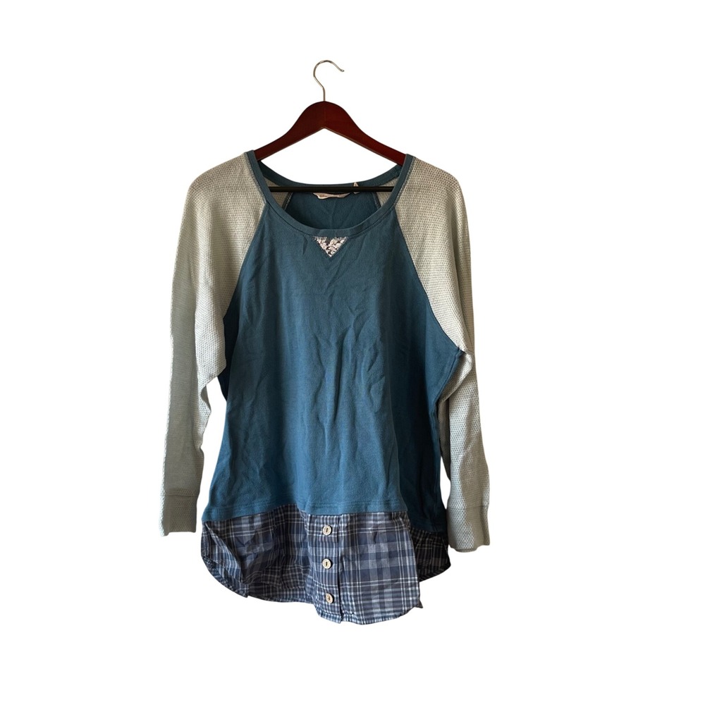 Soft Surroundings Mixed Media Plaid Hem Knit Top Teal Blue 1X